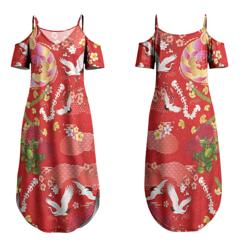 Hawaiian and Japanese Culture Together Family Matching Summer Maxi Dress and Hawaiian Shirt Kakau Tribal Pattern and Irezumi Art Red Color
