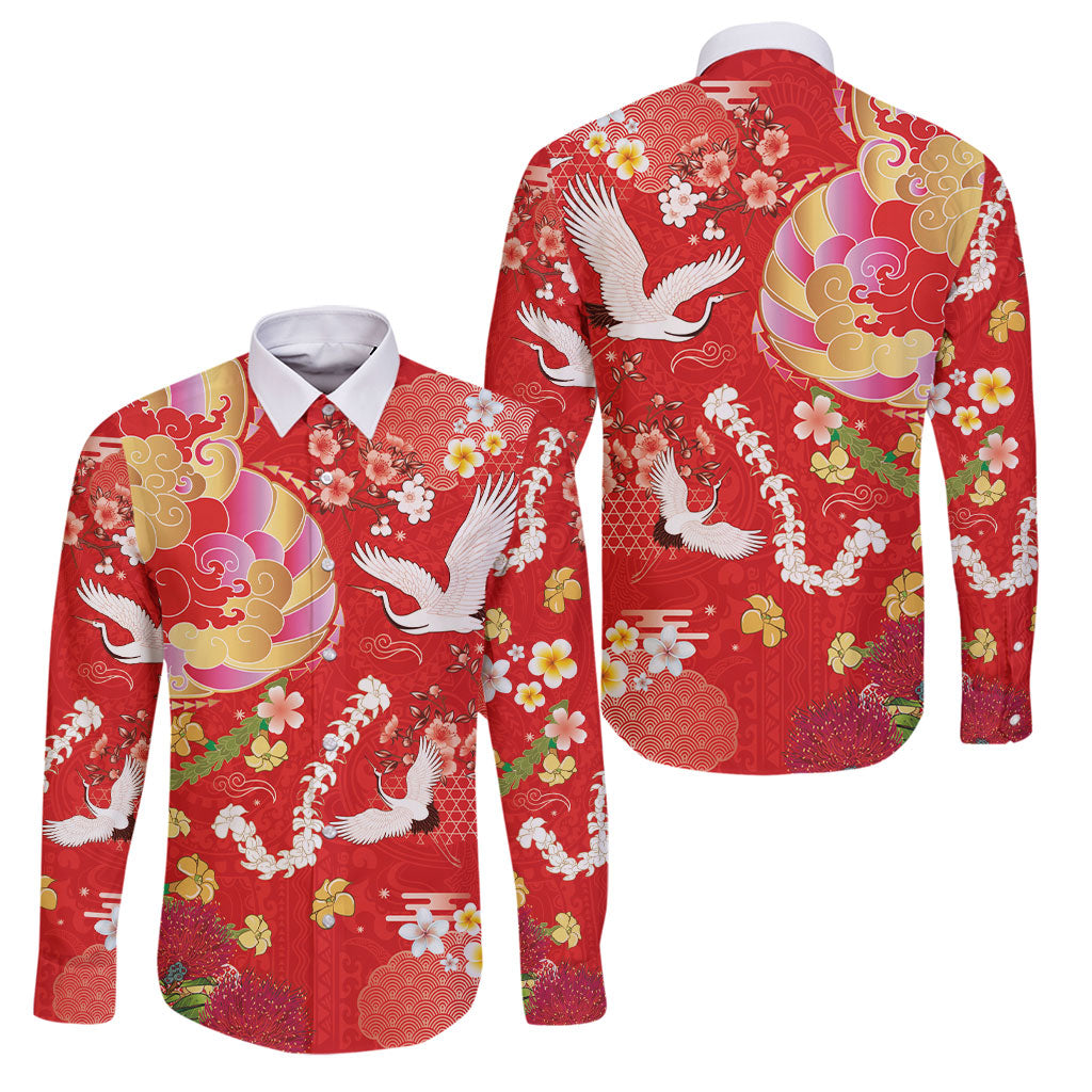 Hawaiian and Japanese Culture Together Family Matching Summer Maxi Dress and Hawaiian Shirt Kakau Tribal Pattern and Irezumi Art Red Color