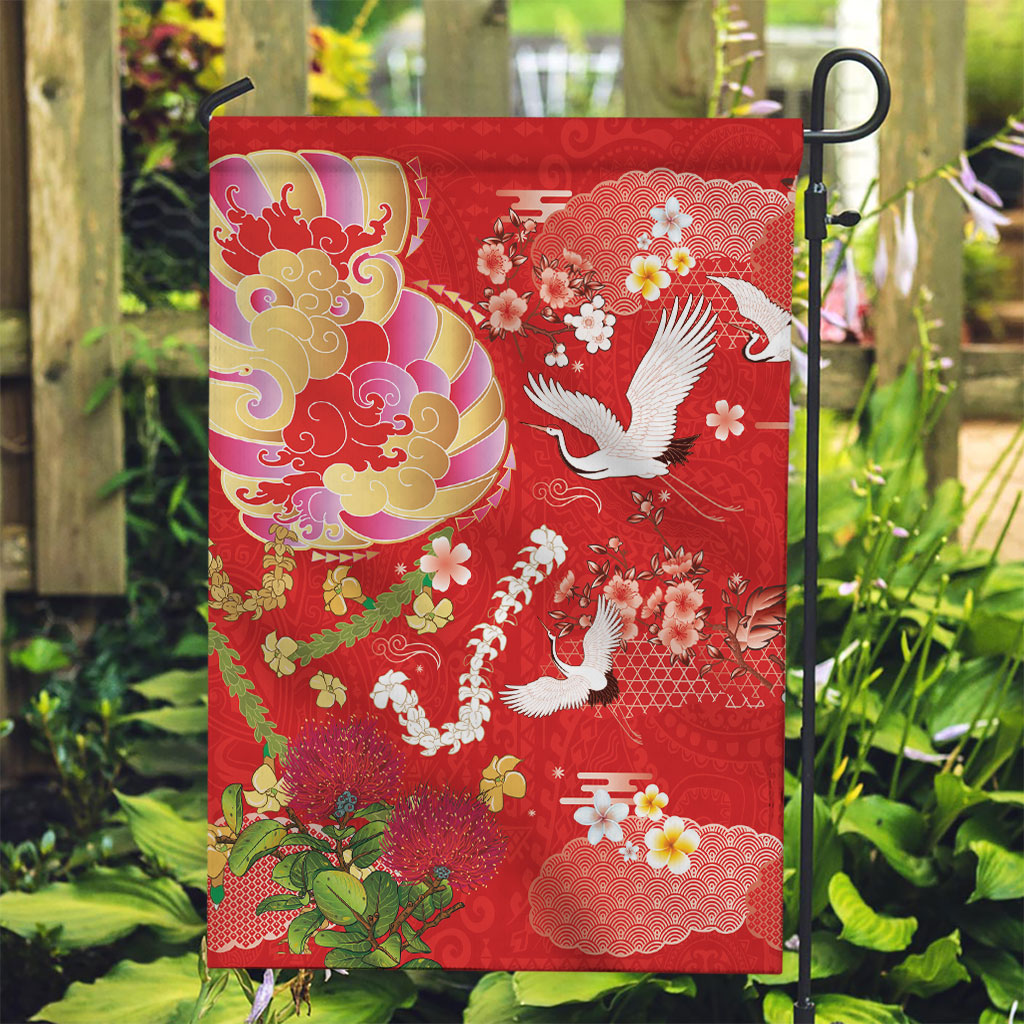 Hawaiian and Japanese Culture Together Garden Flag Kakau Tribal Pattern and Irezumi Art Red Color