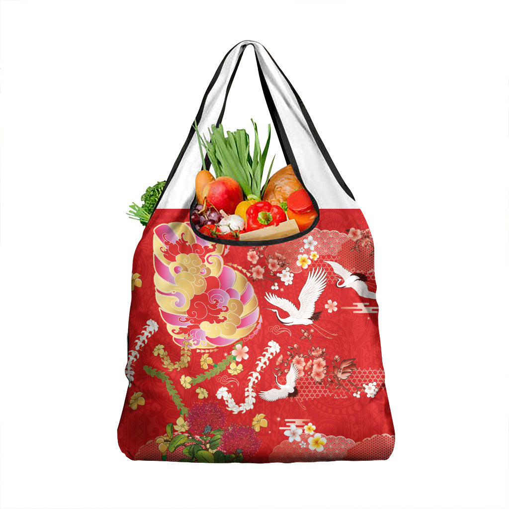Hawaiian and Japanese Culture Together Grocery Bag Kakau Tribal Pattern and Irezumi Art Red Color