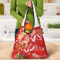 Hawaiian and Japanese Culture Together Grocery Bag Kakau Tribal Pattern and Irezumi Art Red Color