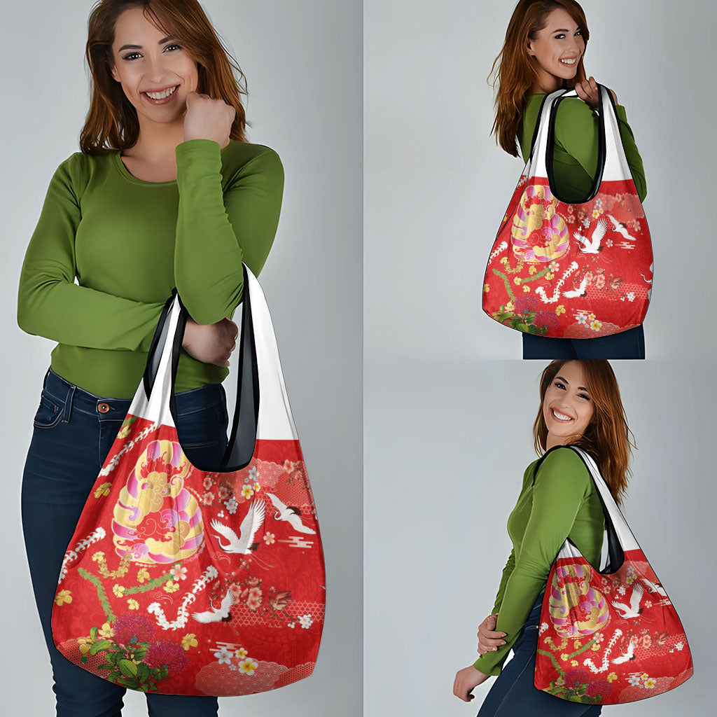 Hawaiian and Japanese Culture Together Grocery Bag Kakau Tribal Pattern and Irezumi Art Red Color