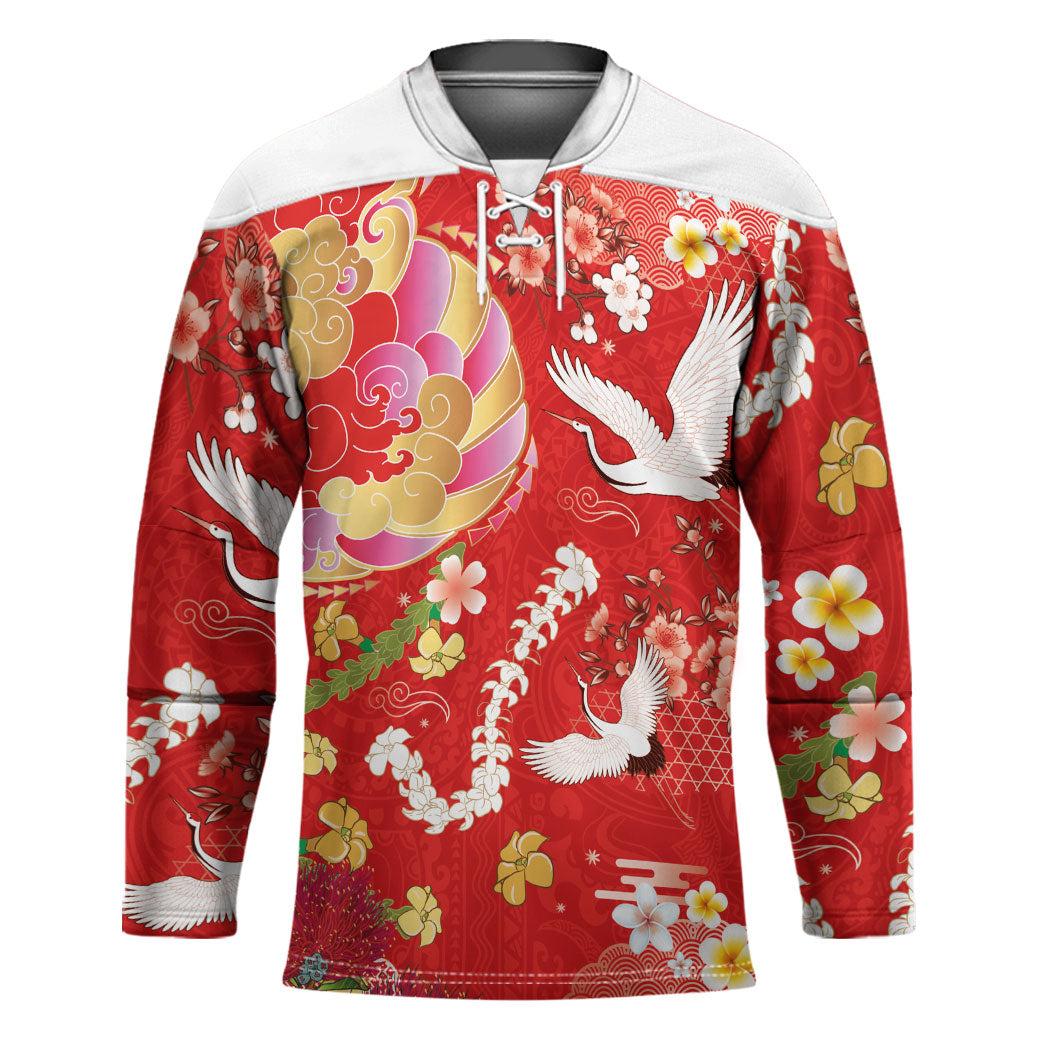 Hawaiian and Japanese Culture Together Hockey Jersey Kakau Tribal Pattern and Irezumi Art Red Color