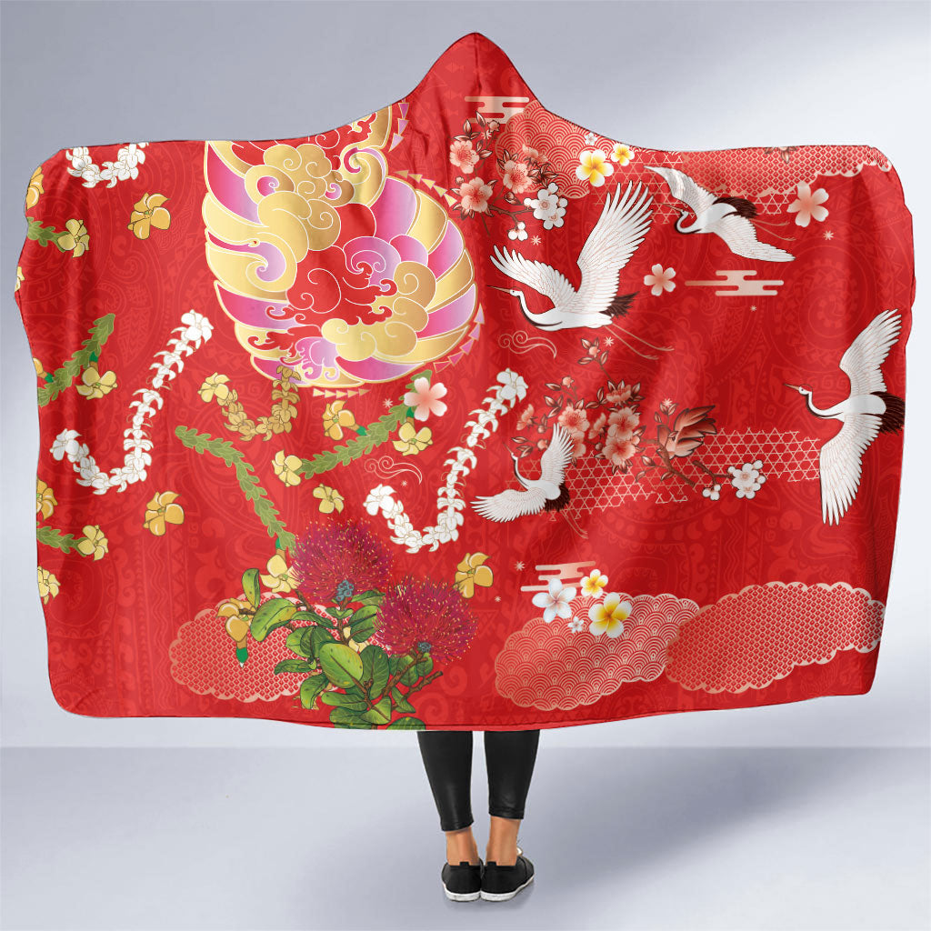 Hawaiian and Japanese Culture Together Hooded Blanket Kakau Tribal Pattern and Irezumi Art Red Color