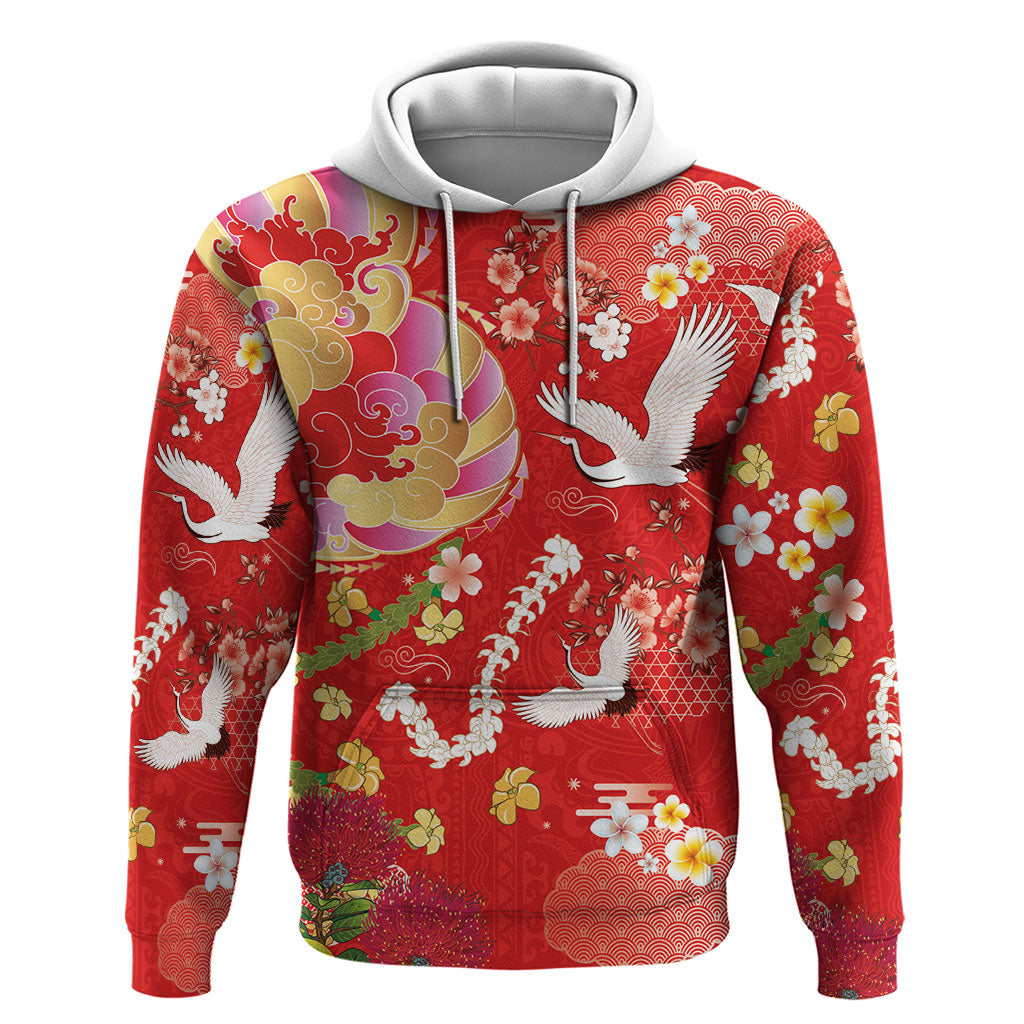 Hawaiian and Japanese Culture Together Hoodie Kakau Tribal Pattern and Irezumi Art Red Color