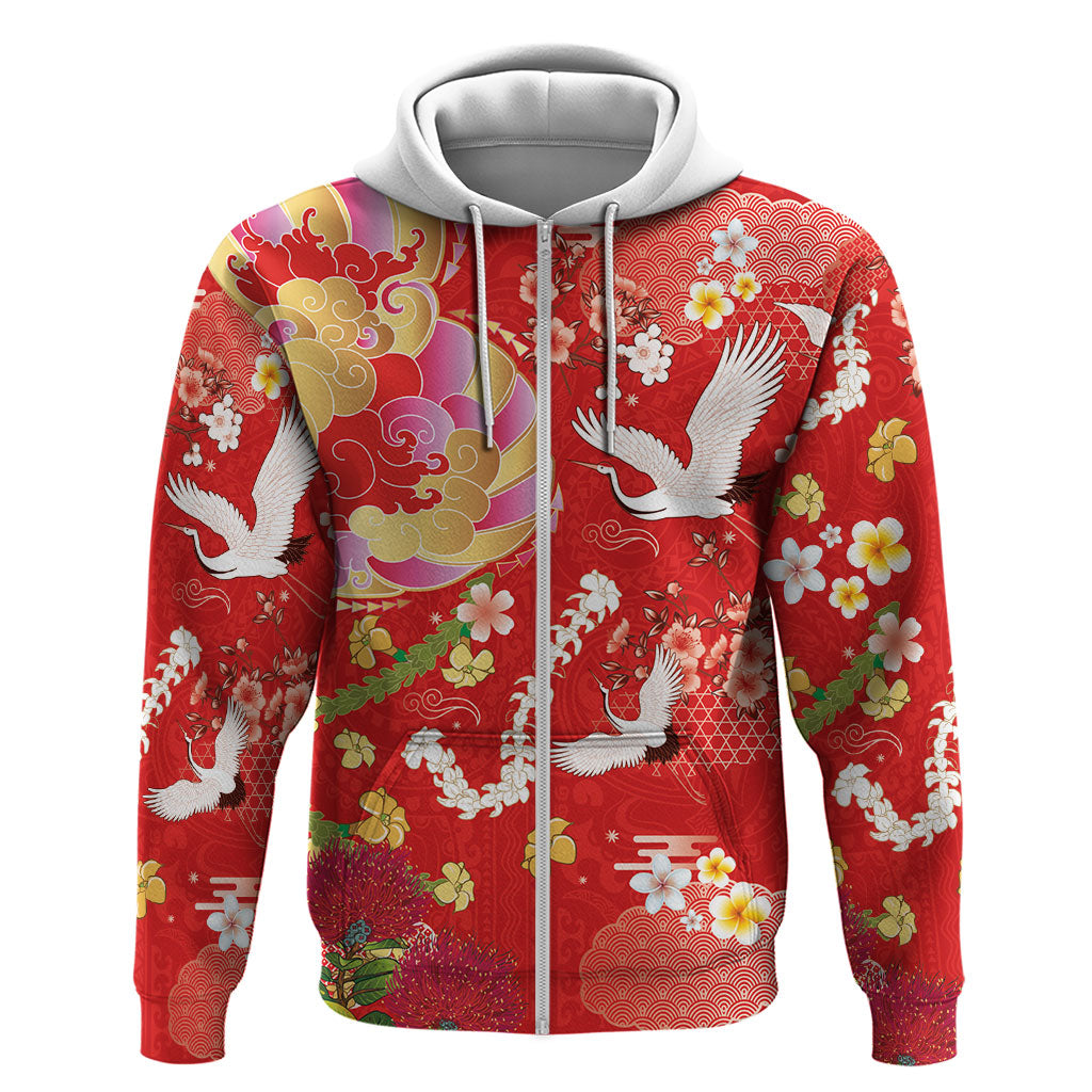 Hawaiian and Japanese Culture Together Hoodie Kakau Tribal Pattern and Irezumi Art Red Color