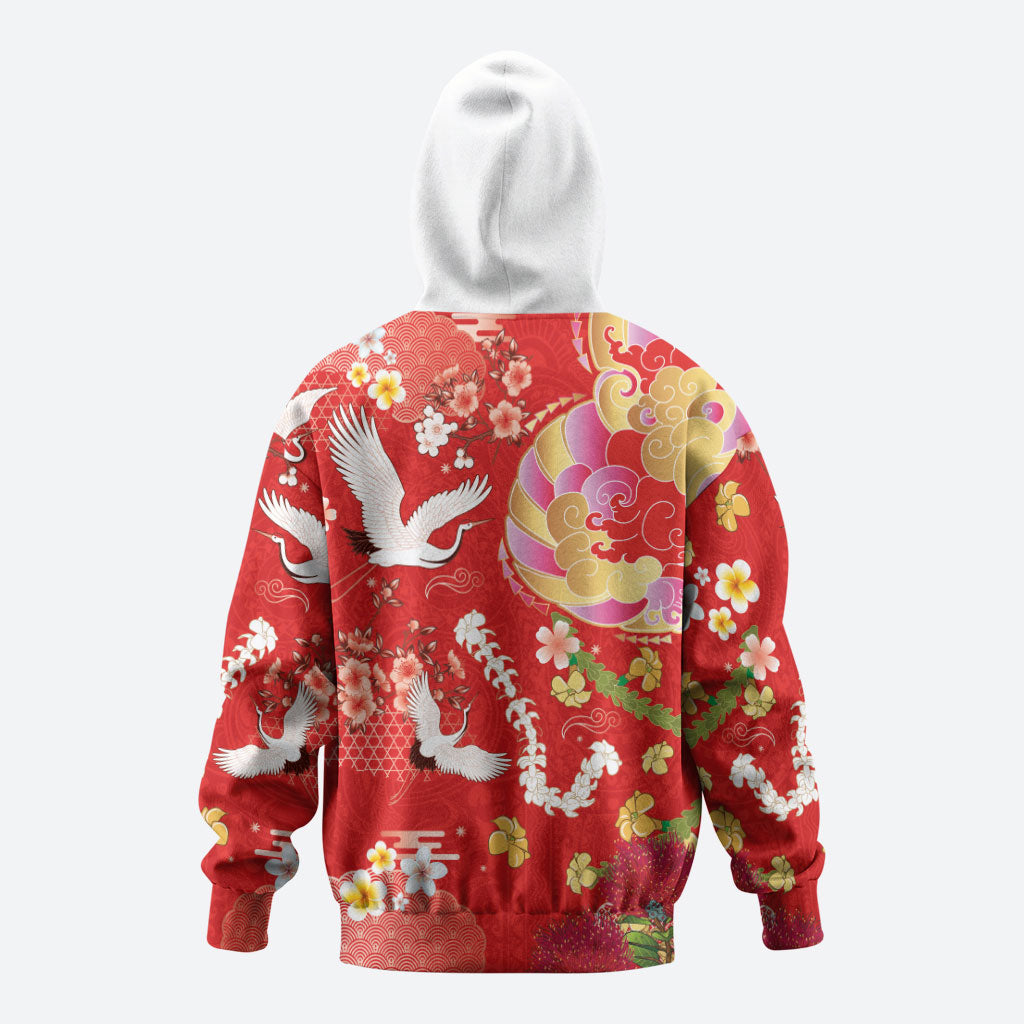 Hawaiian and Japanese Culture Together Hoodie Kakau Tribal Pattern and Irezumi Art Red Color