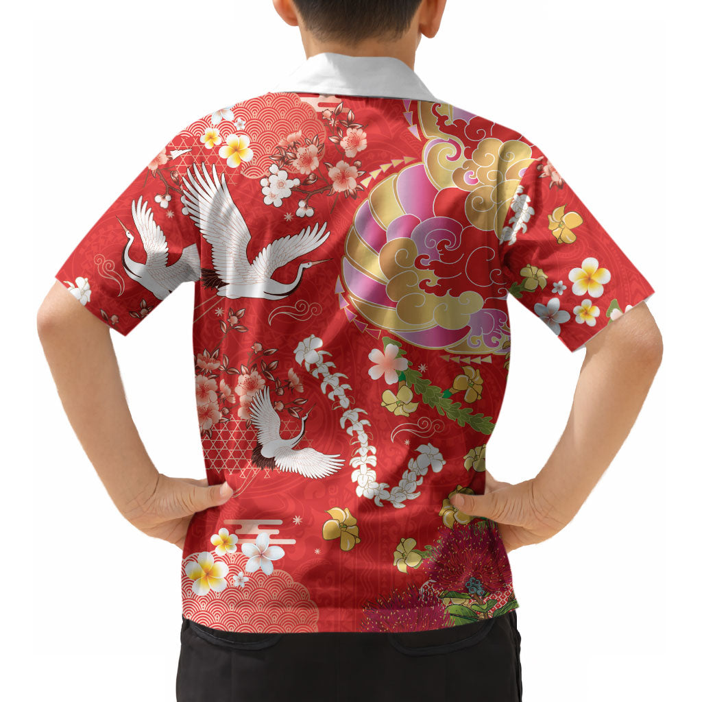 Hawaiian and Japanese Culture Together Kid Hawaiian Shirt Kakau Tribal Pattern and Irezumi Art Red Color