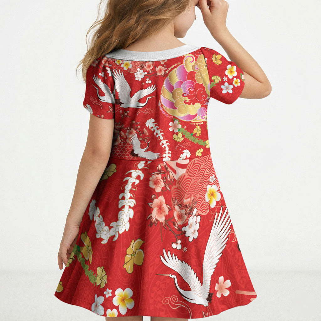 Hawaiian and Japanese Culture Together Kid Short Sleeve Dress Kakau Tribal Pattern and Irezumi Art Red Color