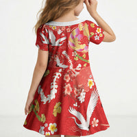 Hawaiian and Japanese Culture Together Kid Short Sleeve Dress Kakau Tribal Pattern and Irezumi Art Red Color