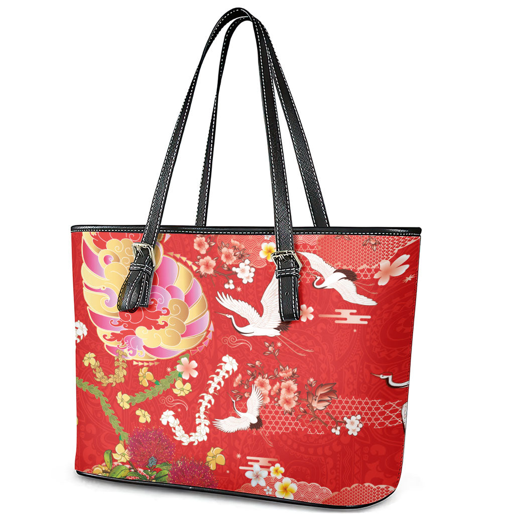 Hawaiian and Japanese Culture Together Leather Tote Bag Kakau Tribal Pattern and Irezumi Art Red Color