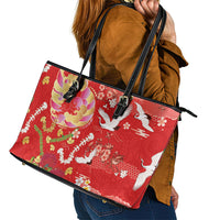 Hawaiian and Japanese Culture Together Leather Tote Bag Kakau Tribal Pattern and Irezumi Art Red Color