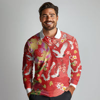 Hawaiian and Japanese Culture Together Long Sleeve Polo Shirt Kakau Tribal Pattern and Irezumi Art Red Color