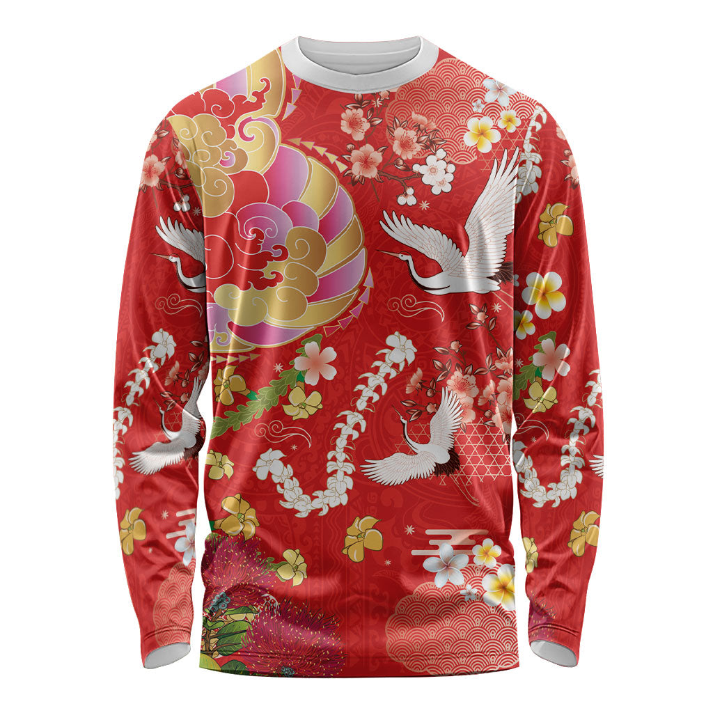 Hawaiian and Japanese Culture Together Long Sleeve Shirt Kakau Tribal Pattern and Irezumi Art Red Color