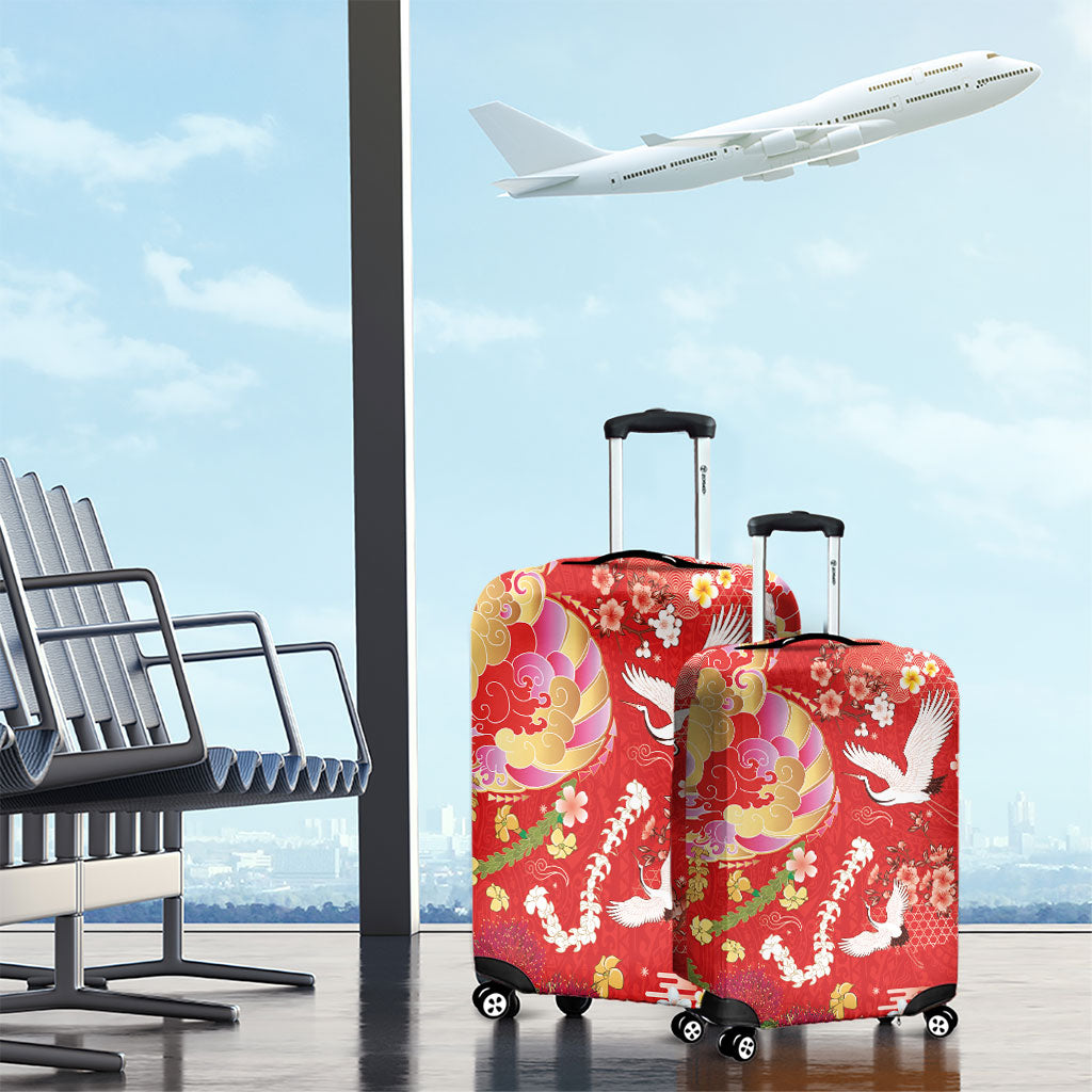 Hawaiian and Japanese Culture Together Luggage Cover Kakau Tribal Pattern and Irezumi Art Red Color