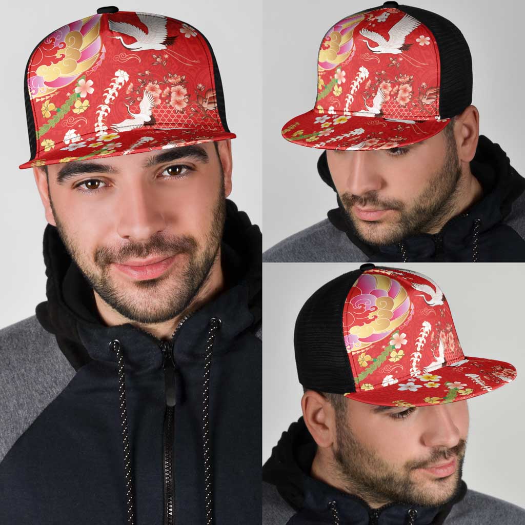 Hawaiian and Japanese Culture Together Mesh Trucker Cap Kakau Tribal Pattern and Irezumi Art Red Color