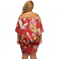 Hawaiian and Japanese Culture Together Off Shoulder Short Dress Kakau Tribal Pattern and Irezumi Art Red Color