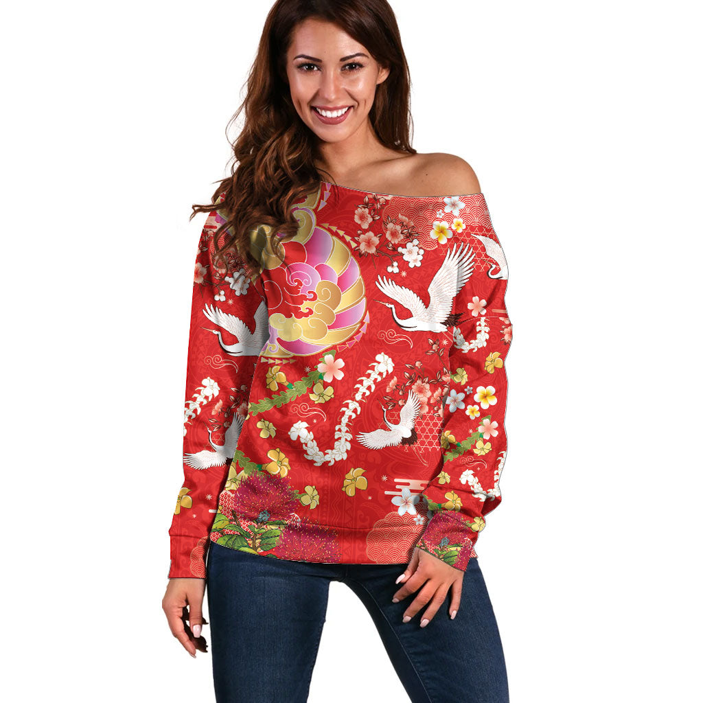 Hawaiian and Japanese Culture Together Off Shoulder Sweater Kakau Tribal Pattern and Irezumi Art Red Color
