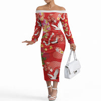Hawaiian and Japanese Culture Together Off The Shoulder Long Sleeve Dress Kakau Tribal Pattern and Irezumi Art Red Color
