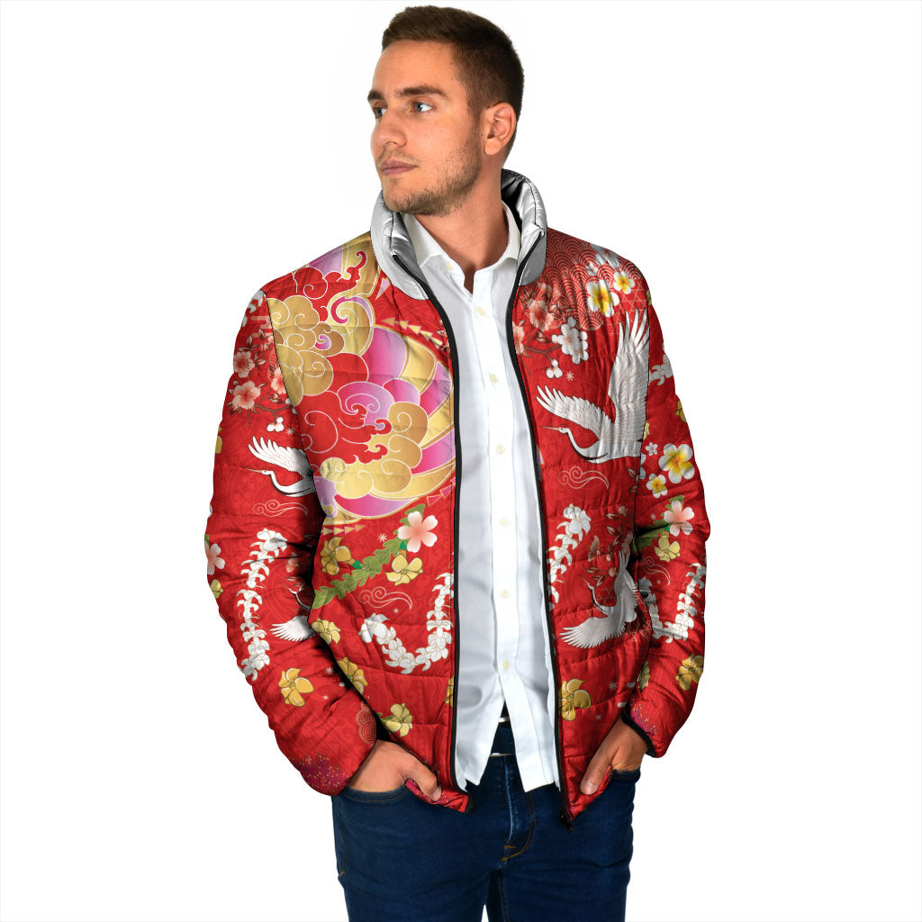 Hawaiian and Japanese Culture Together Padded Jacket Kakau Tribal Pattern and Irezumi Art Red Color