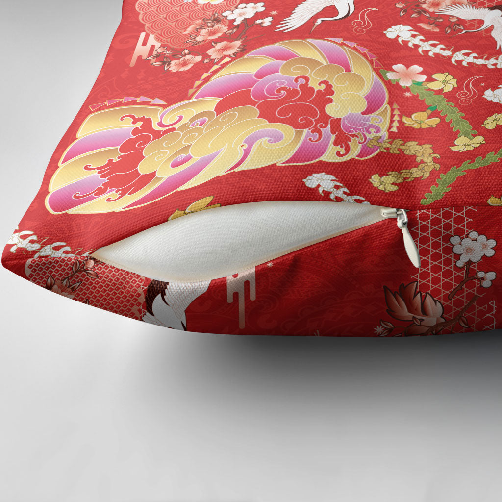 Hawaiian and Japanese Culture Together Pillow Cover Kakau Tribal Pattern and Irezumi Art Red Color