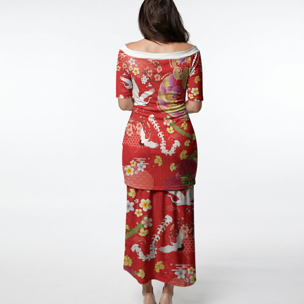 Hawaiian and Japanese Culture Together Puletasi Kakau Tribal Pattern and Irezumi Art Red Color
