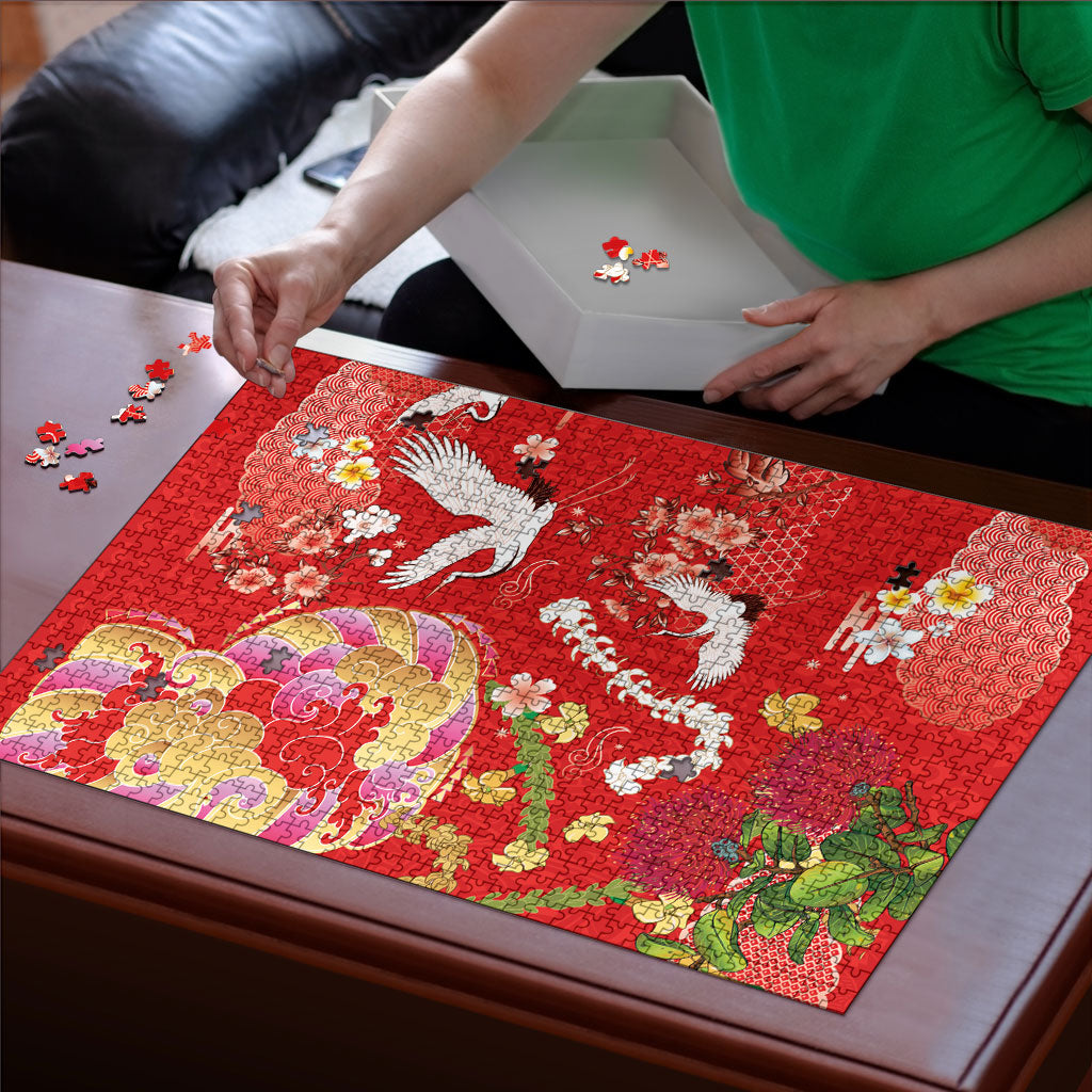Hawaiian and Japanese Culture Together Puzzle Kakau Tribal Pattern and Irezumi Art Red Color