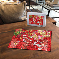Hawaiian and Japanese Culture Together Puzzle Kakau Tribal Pattern and Irezumi Art Red Color
