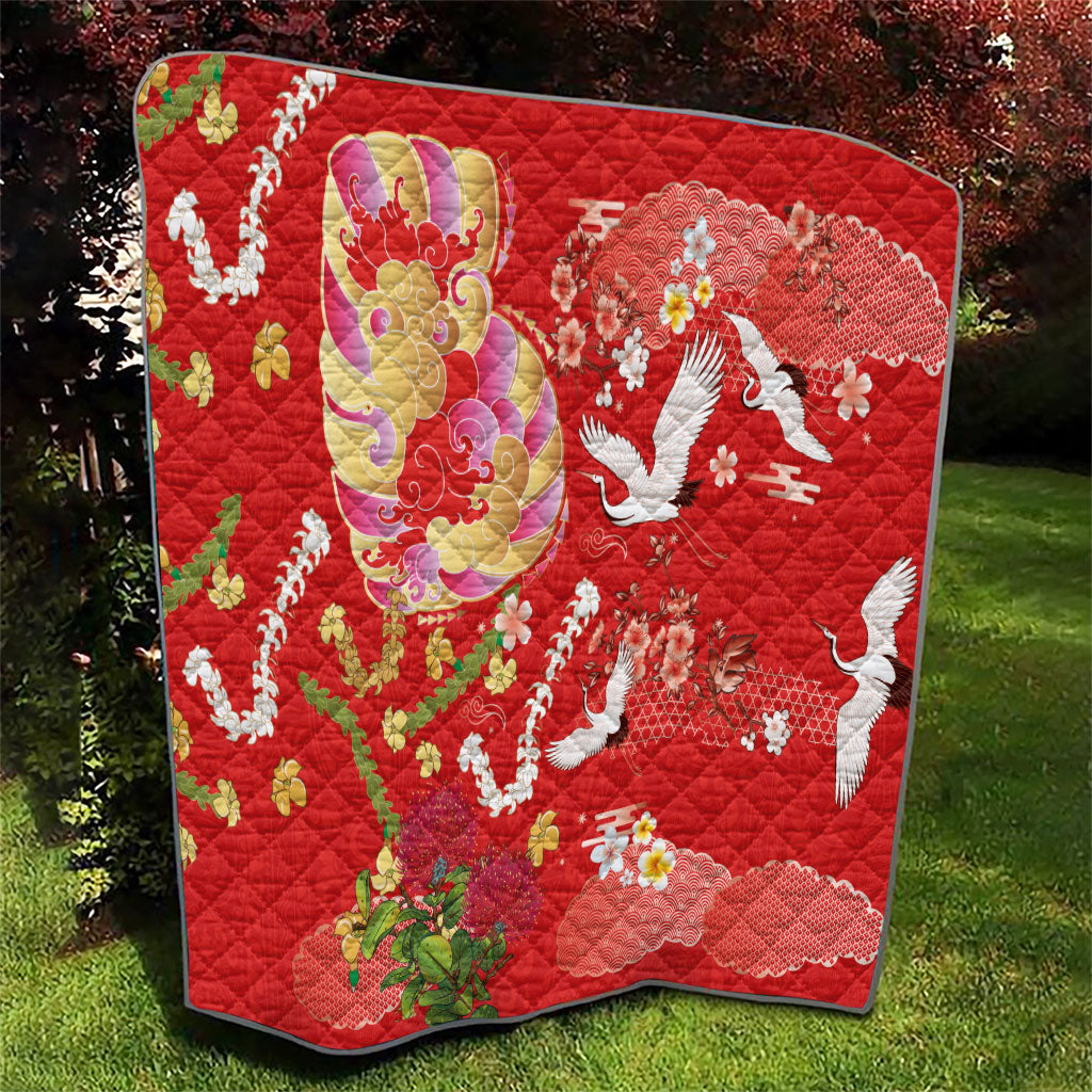 Hawaiian and Japanese Culture Together Quilt Kakau Tribal Pattern and Irezumi Art Red Color
