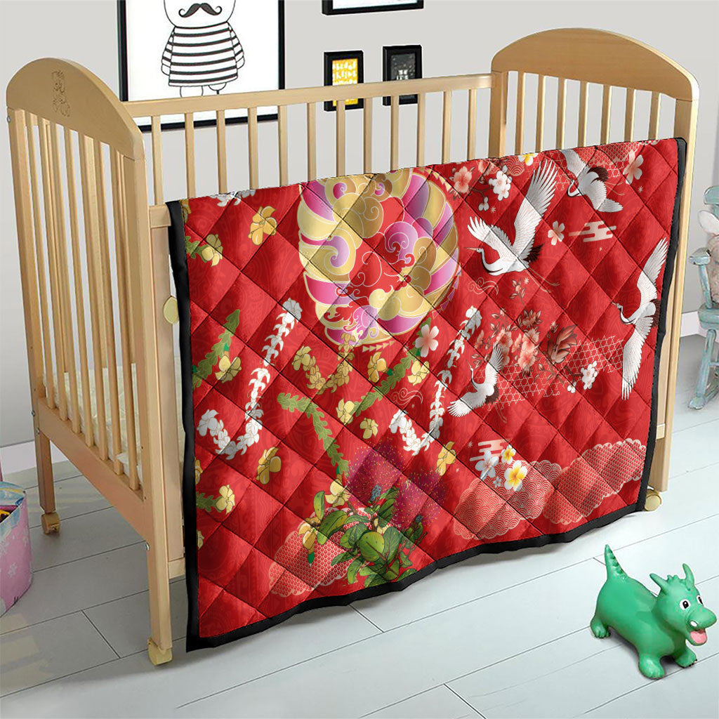 Hawaiian and Japanese Culture Together Quilt Kakau Tribal Pattern and Irezumi Art Red Color