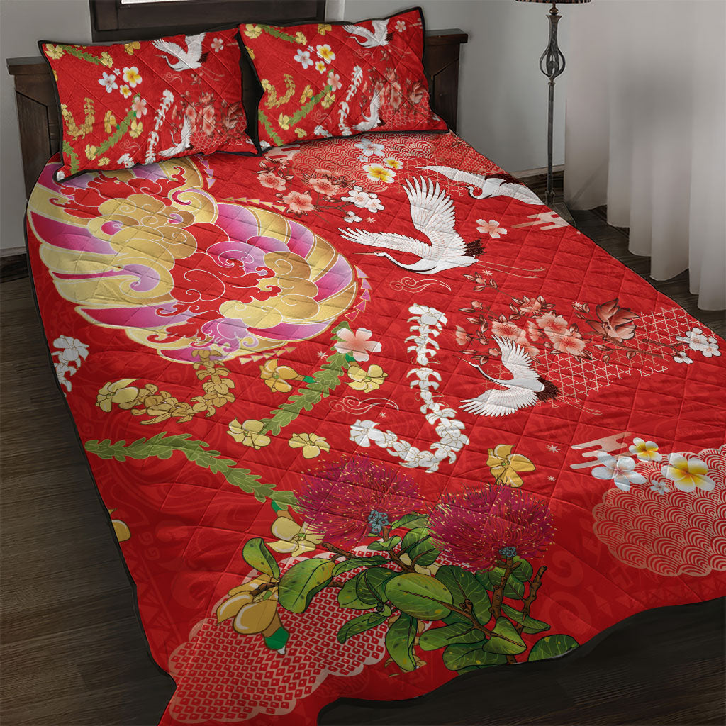 Hawaiian and Japanese Culture Together Quilt Bed Set Kakau Tribal Pattern and Irezumi Art Red Color
