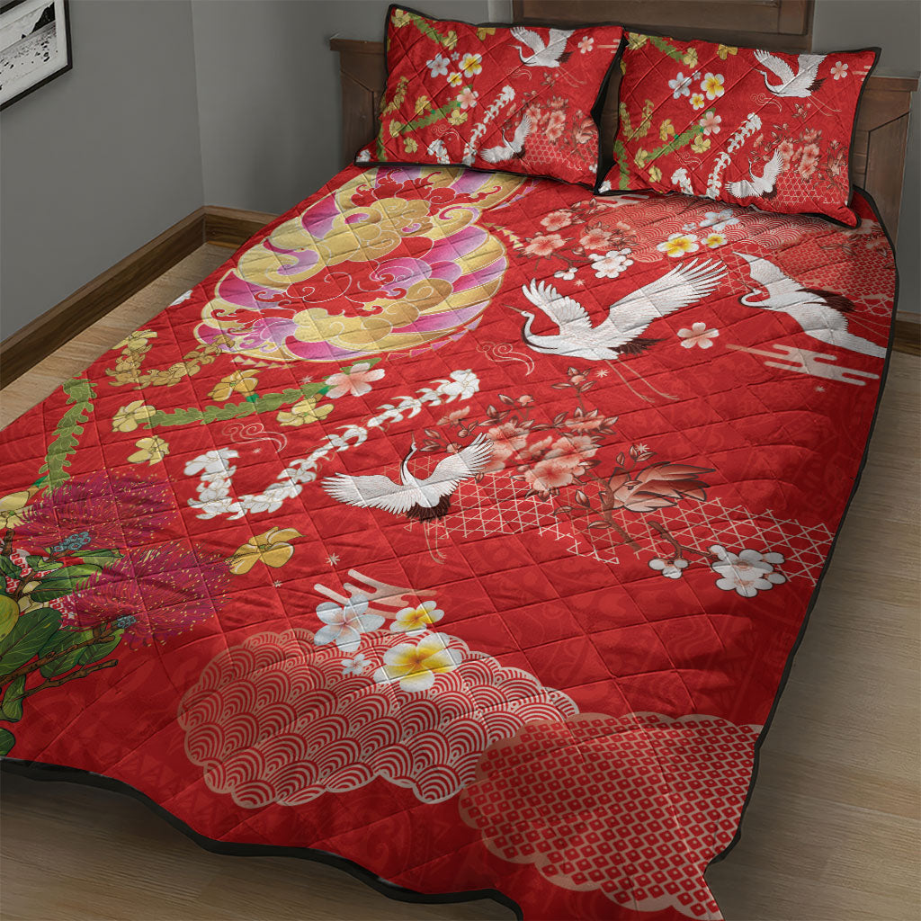 Hawaiian and Japanese Culture Together Quilt Bed Set Kakau Tribal Pattern and Irezumi Art Red Color