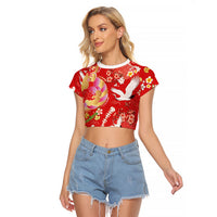 Hawaiian and Japanese Culture Together Raglan Cropped T Shirt Kakau Tribal Pattern and Irezumi Art Red Color