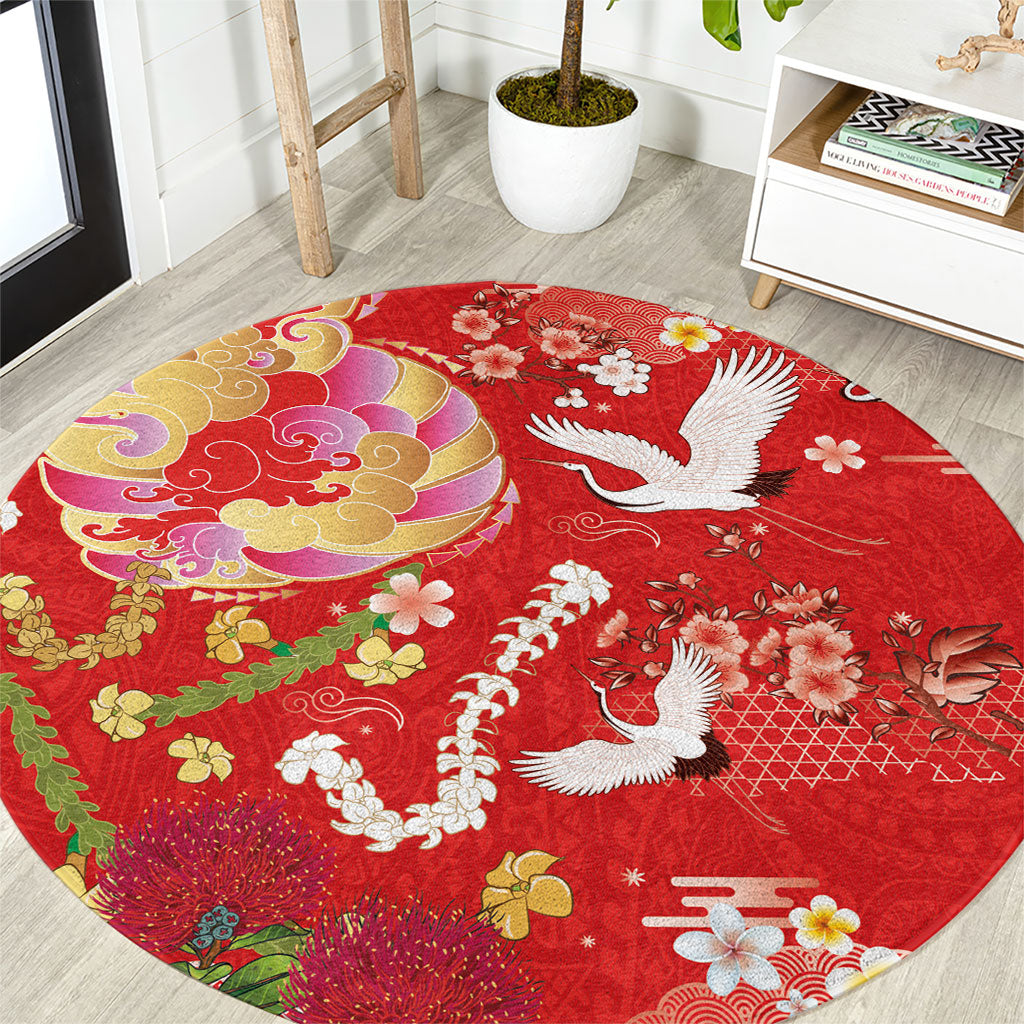 Hawaiian and Japanese Culture Together Round Carpet Kakau Tribal Pattern and Irezumi Art Red Color