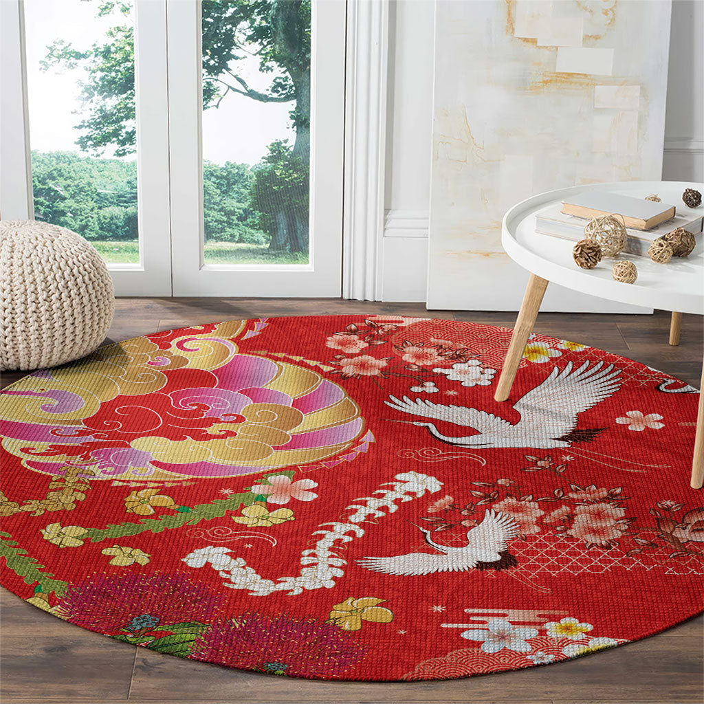 Hawaiian and Japanese Culture Together Round Carpet Kakau Tribal Pattern and Irezumi Art Red Color
