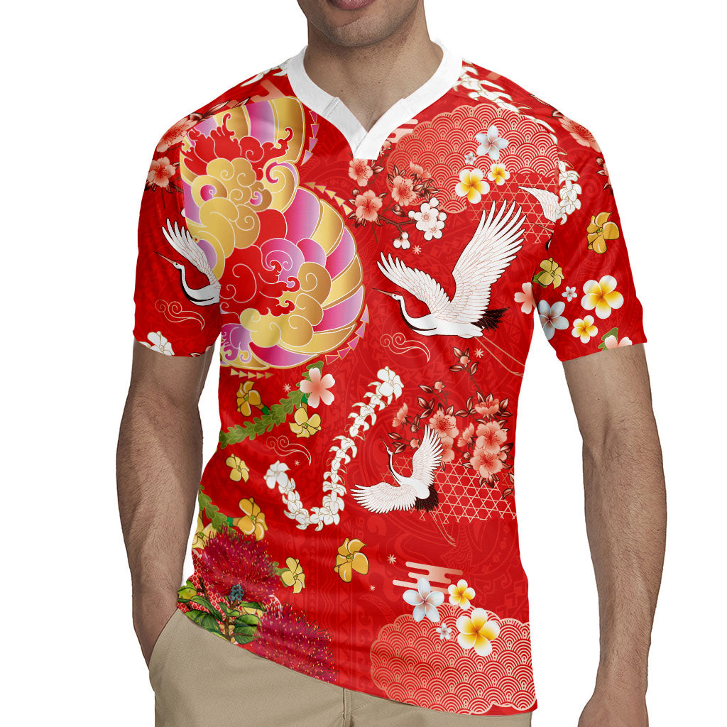 Hawaiian and Japanese Culture Together Rugby Jersey Kakau Tribal Pattern and Irezumi Art Red Color