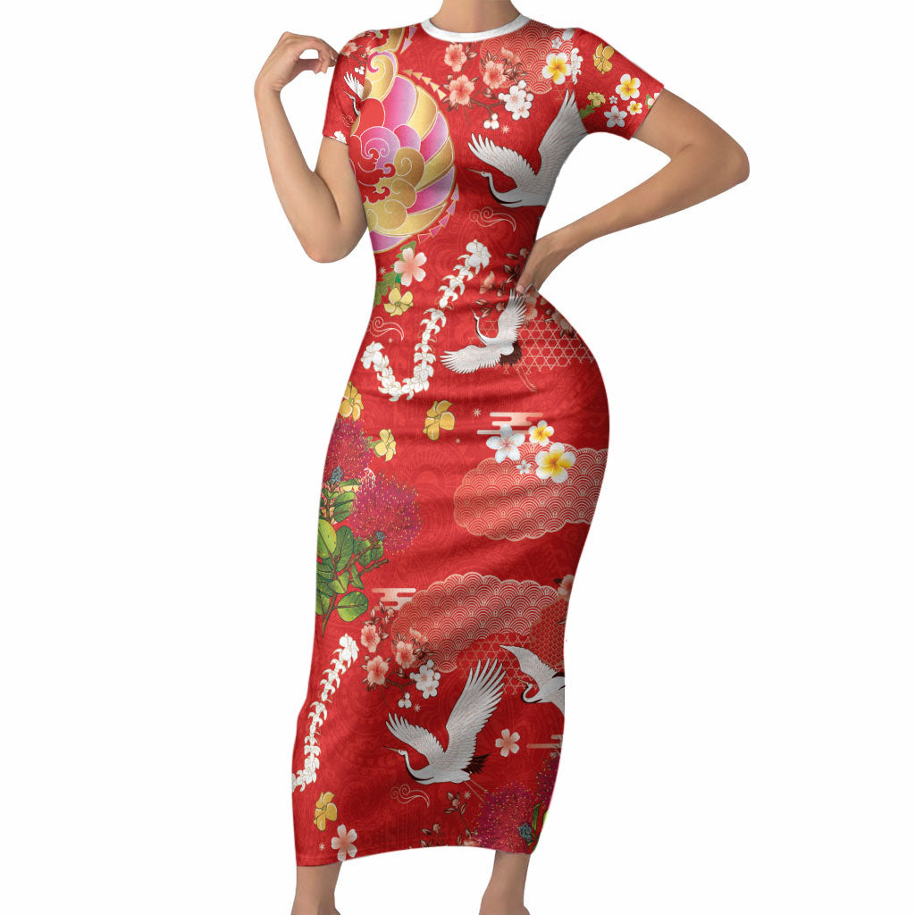 Hawaiian and Japanese Culture Together Short Sleeve Bodycon Dress Kakau Tribal Pattern and Irezumi Art Red Color