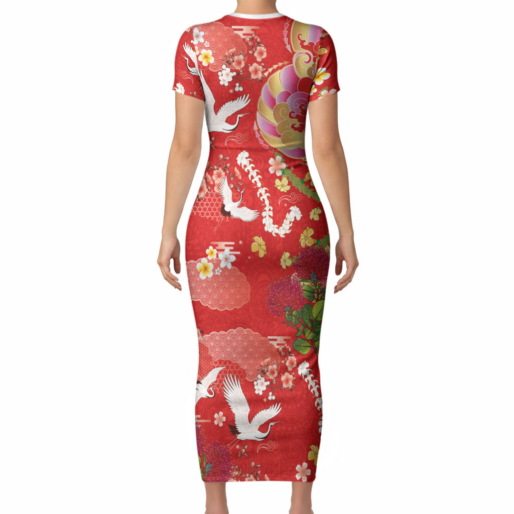 Hawaiian and Japanese Culture Together Short Sleeve Bodycon Dress Kakau Tribal Pattern and Irezumi Art Red Color
