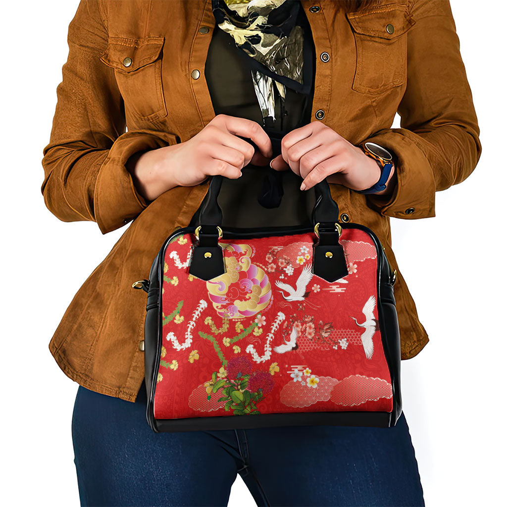 Hawaiian and Japanese Culture Together Shoulder Handbag Kakau Tribal Pattern and Irezumi Art Red Color