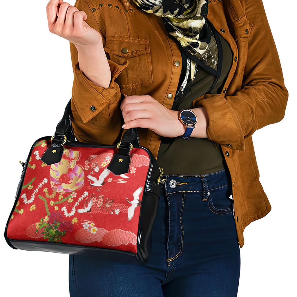 Hawaiian and Japanese Culture Together Shoulder Handbag Kakau Tribal Pattern and Irezumi Art Red Color