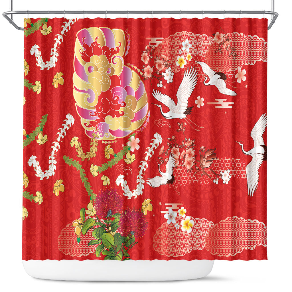 Hawaiian and Japanese Culture Together Shower Curtain Kakau Tribal Pattern and Irezumi Art Red Color