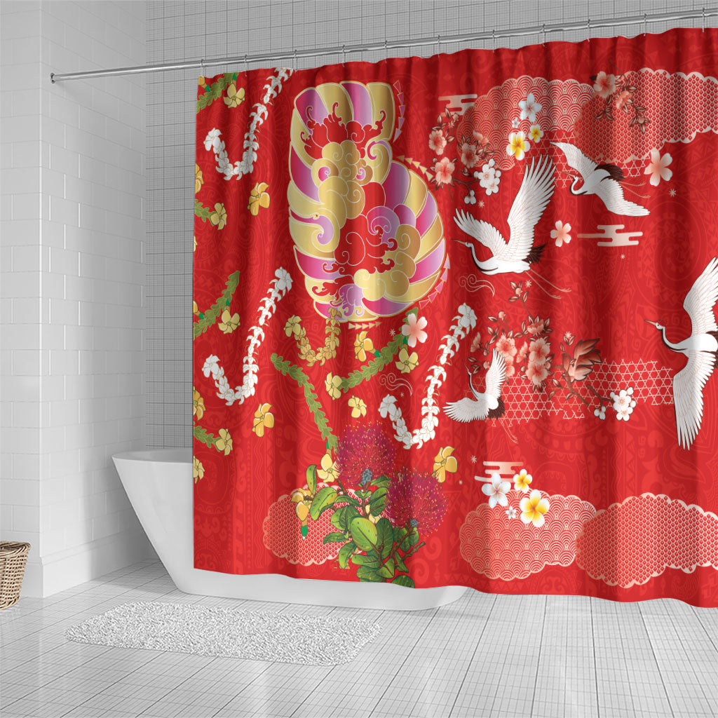 Hawaiian and Japanese Culture Together Shower Curtain Kakau Tribal Pattern and Irezumi Art Red Color