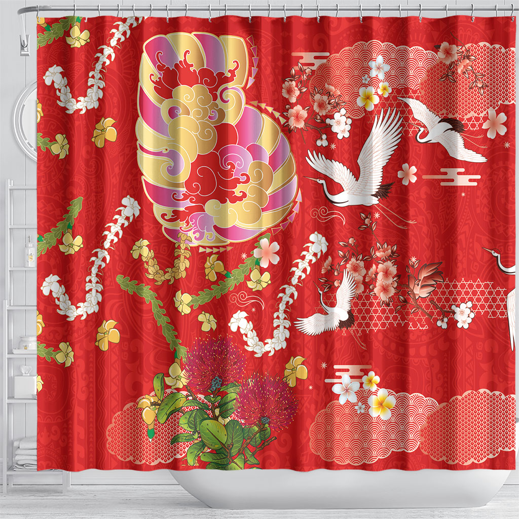 Hawaiian and Japanese Culture Together Shower Curtain Kakau Tribal Pattern and Irezumi Art Red Color