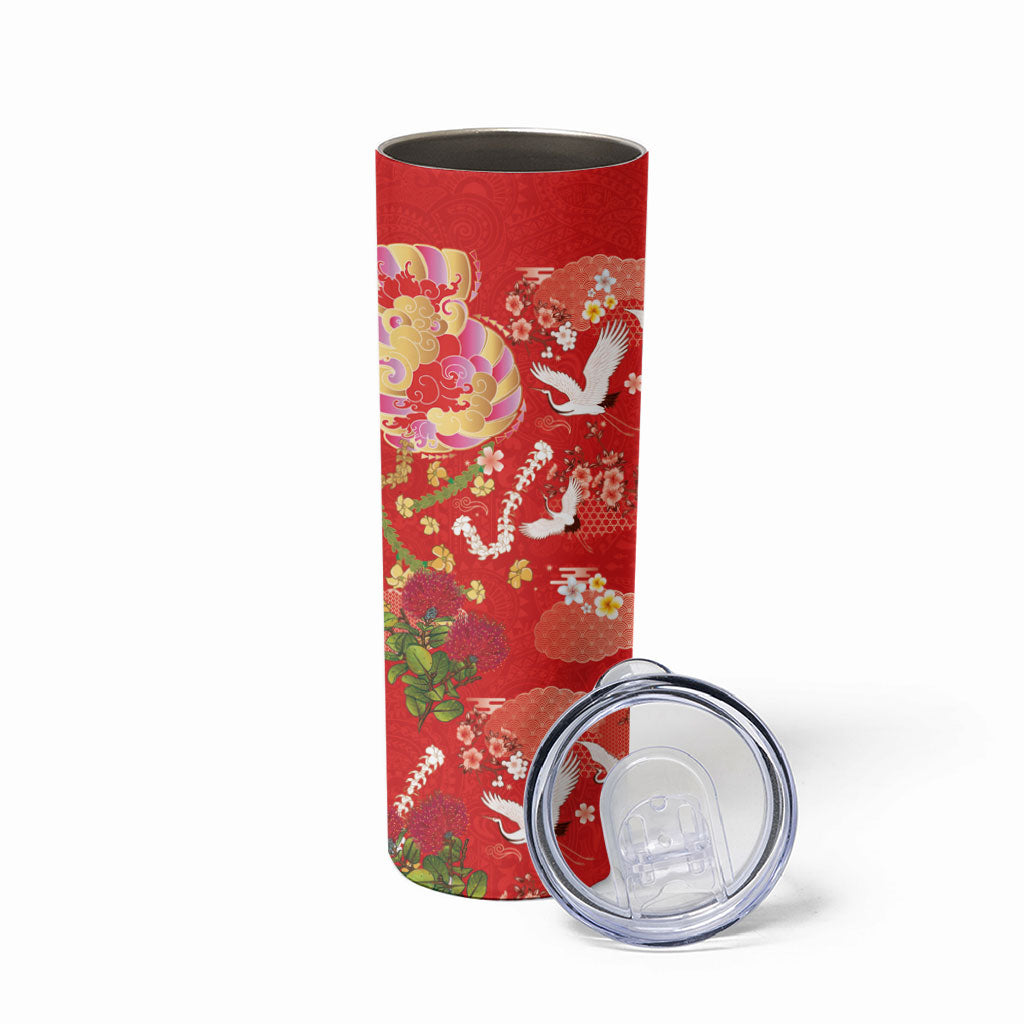 Hawaiian and Japanese Culture Together Skinny Tumbler Kakau Tribal Pattern and Irezumi Art Red Color