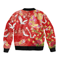 Hawaiian and Japanese Culture Together Sleeve Zip Bomber Jacket Kakau Tribal Pattern and Irezumi Art Red Color
