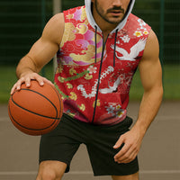 Hawaiian and Japanese Culture Together Sleeveless Zip Hoodie Kakau Tribal Pattern and Irezumi Art Red Color