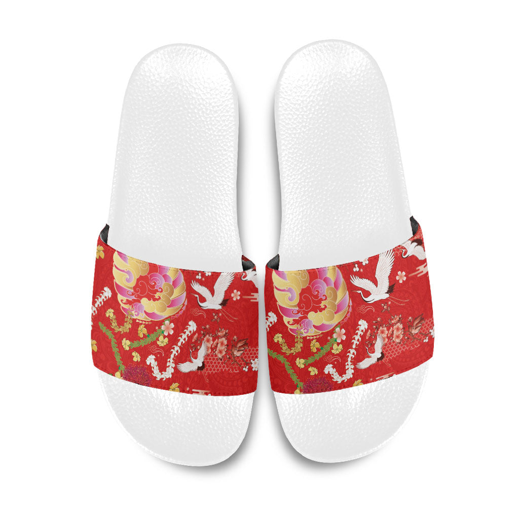 Hawaiian and Japanese Culture Together Slide Sandals Kakau Tribal Pattern and Irezumi Art Red Color