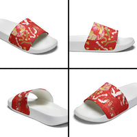 Hawaiian and Japanese Culture Together Slide Sandals Kakau Tribal Pattern and Irezumi Art Red Color