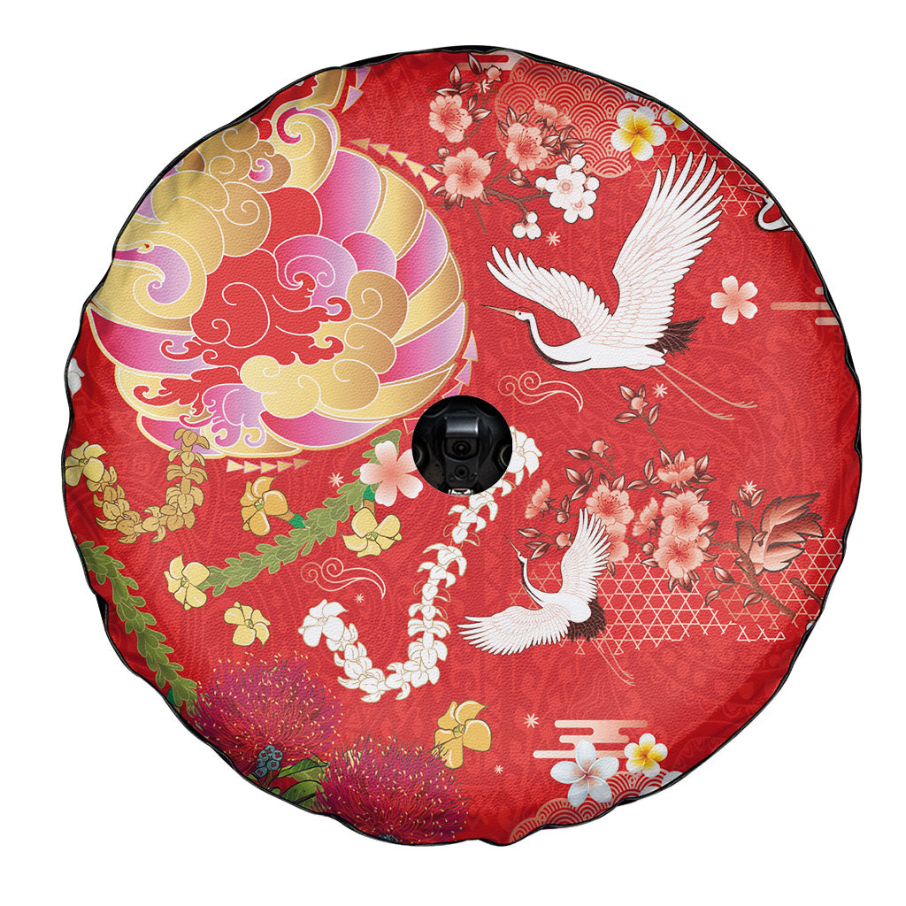 Hawaiian and Japanese Culture Together Spare Tire Cover Kakau Tribal Pattern and Irezumi Art Red Color