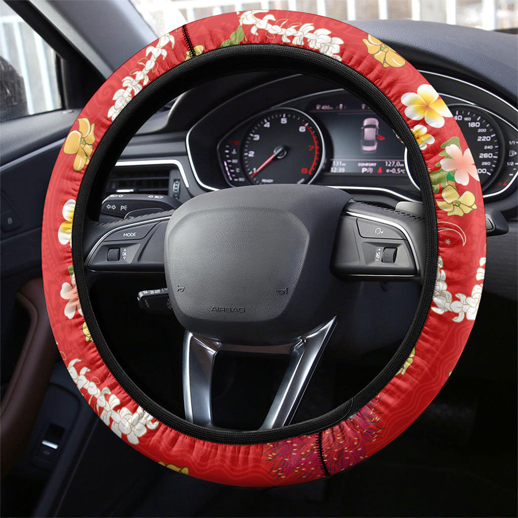 Hawaiian and Japanese Culture Together Steering Wheel Cover Kakau Tribal Pattern and Irezumi Art Red Color